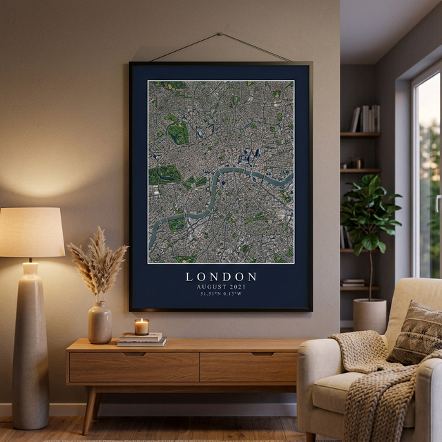 Satellite print of London in a cozy living room
