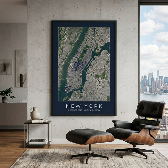 Satellite print of Manhattan in a modern apartment