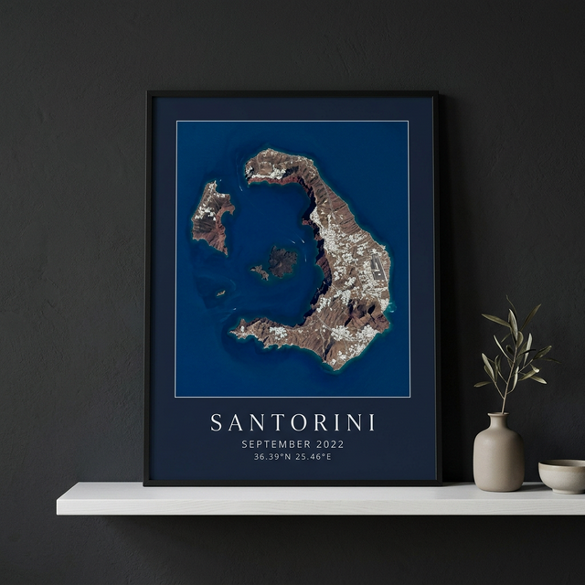 Satellite print of Santorini on a shelf