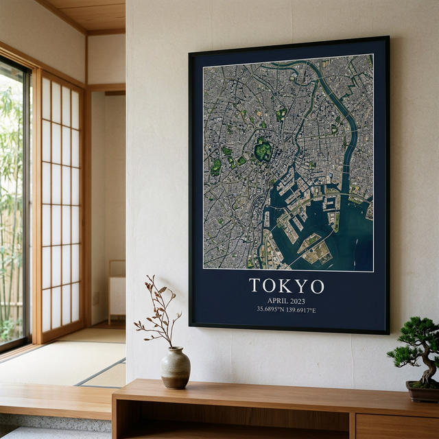 Satellite print of Tokyo in a Japanese interior